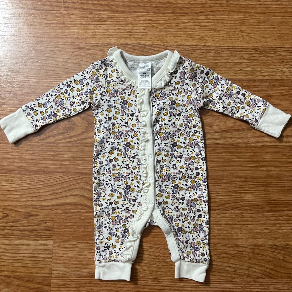 Cream Floral Print Baby One-Piece with Ruffle Trim